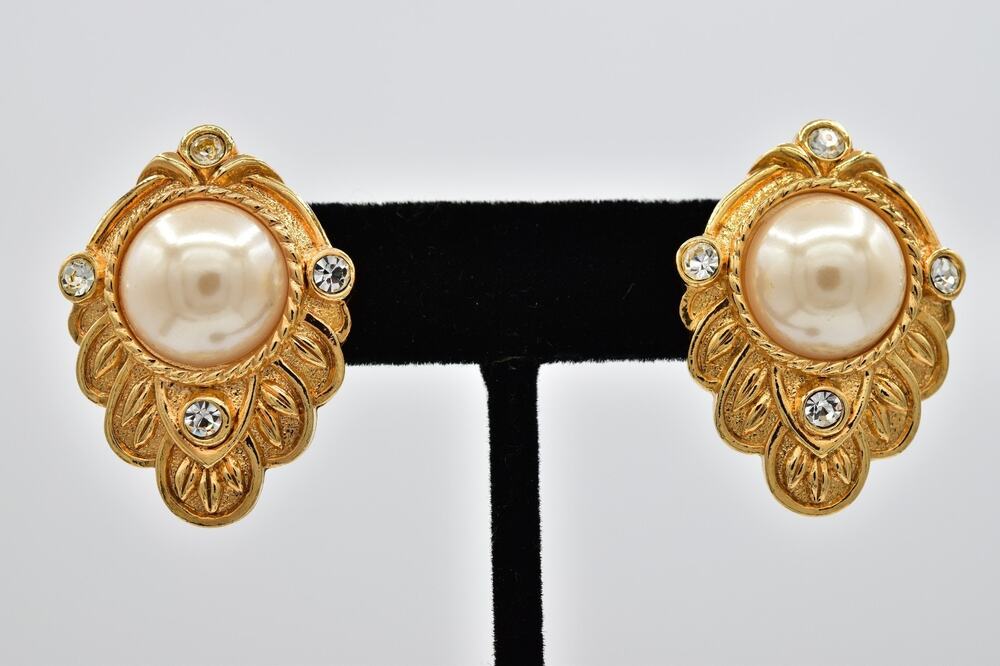 KJL for Avon Vintage Pearl Rhinestone Statement Earrings Gold Tone Signed BinAZ